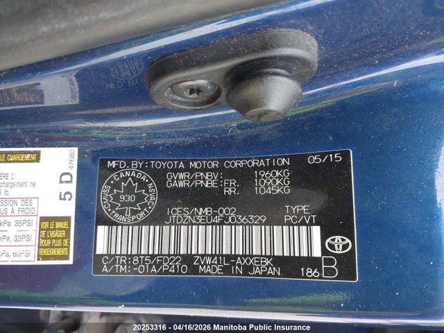 JTDZN3EU4FJ036329 Toyota PRIUS V