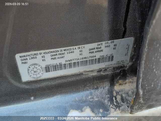 Продажа на аукционе авто 2006 Volkswagen Jetta Tdi, vin: 3VWST71K16M617564, номер лота: 20253333