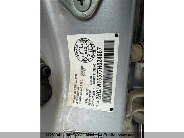 Aukcja sprzedaży 2007 Honda Civic Lx, vin: 2HGFA16577H024867, numer aukcji: 20253341