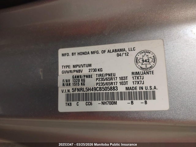 20253347 :رقم المزاد ، 5FNRL5H49CB505883 vin ، 2012 Honda Odyssey Ex مزاد بيع