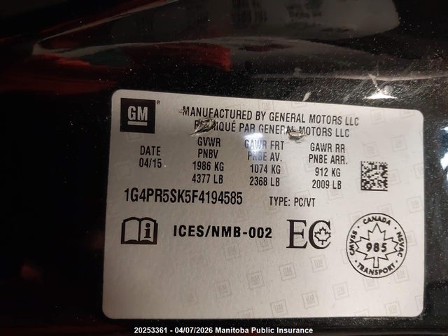2015 Buick Verano მანქანა იყიდება აუქციონზე, vin: 1G4PR5SK5F4194585, აუქციონის ნომერი: 20253361