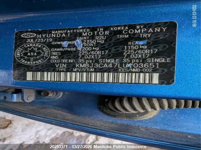 Aukcja sprzedaży 2020 Hyundai Tucson Preferred Preferred, vin: KM8J3CA47LU103651, numer aukcji: 20253371