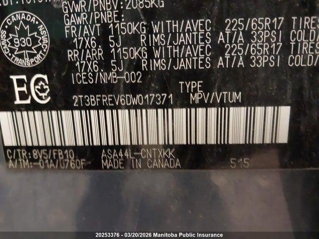 20253376 :رقم المزاد ، 2T3BFREV6DW017371 vin ، 2013 Toyota Rav4 Le مزاد بيع