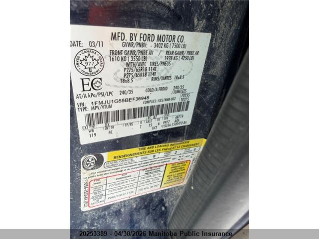 2011 Ford Expedition Xlt მანქანა იყიდება აუქციონზე, vin: 1FMJU1G55BEF36945, აუქციონის ნომერი: 20253389