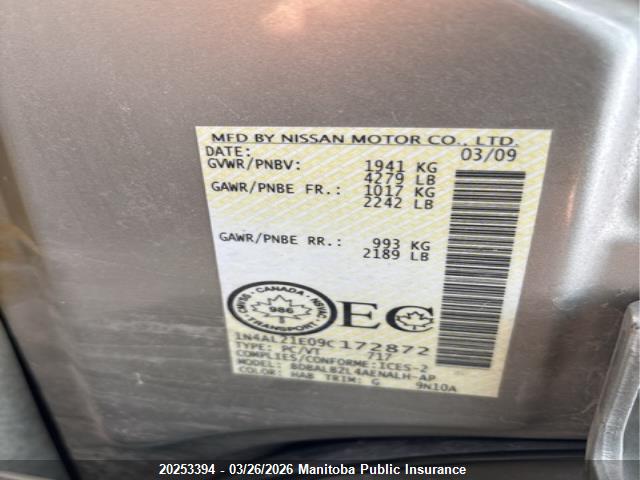 2009 Nissan Altima 2.5 S მანქანა იყიდება აუქციონზე, vin: 1N4AL21E09C172872, აუქციონის ნომერი: 20253394