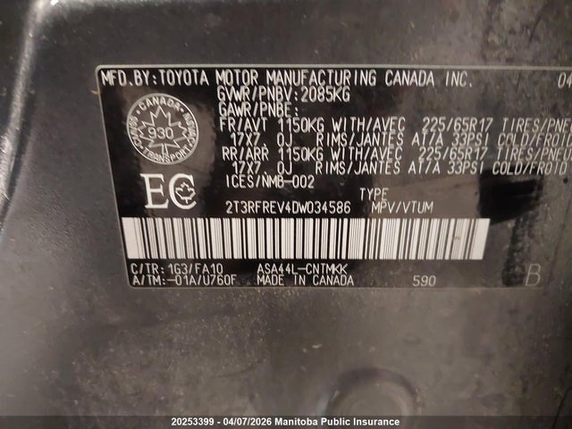 2013 Toyota Rav4 Xle მანქანა იყიდება აუქციონზე, vin: 2T3RFREV4DW034586, აუქციონის ნომერი: 20253399