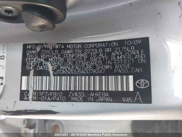 20253437 :رقم المزاد ، JTDKN3DU5A0078347 vin ، 2010 Toyota Prius مزاد بيع