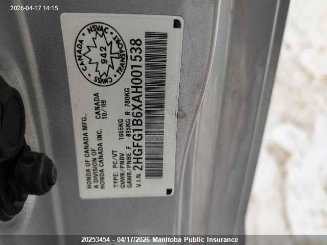 Aukcja sprzedaży 2010 Honda Civic Lx, vin: 2HGFG1B6XAH001538, numer aukcji: 20253454