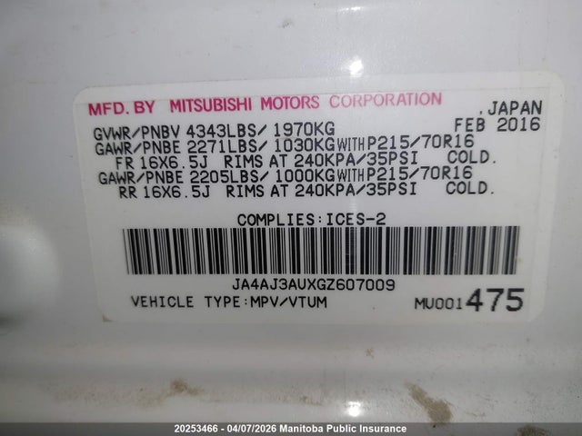 JA4AJ3AUXGZ607009 Mitsubishi RVR SE