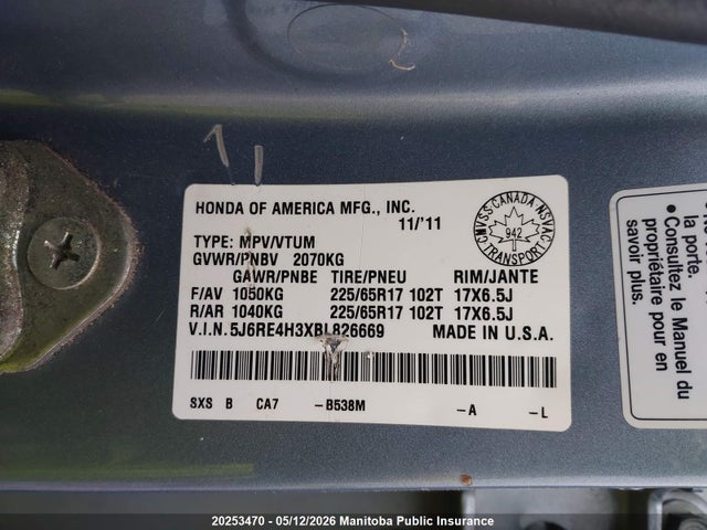 Продажа на аукционе авто 2011 Honda Cr-v Lx, vin: 5J6RE4H3XBL826669, номер лота: 20253470