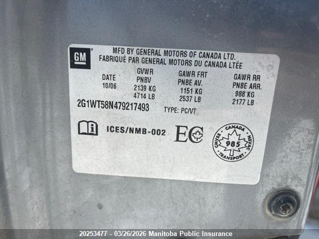 20253477 :رقم المزاد ، 2G1WT58N479217493 vin ، 2007 Chevrolet Impala Lt V6 مزاد بيع