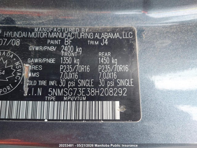 Aukcja sprzedaży 2008 Hyundai Santa Fe Gls, vin: 5NMSG73E38H208292, numer aukcji: 20253481