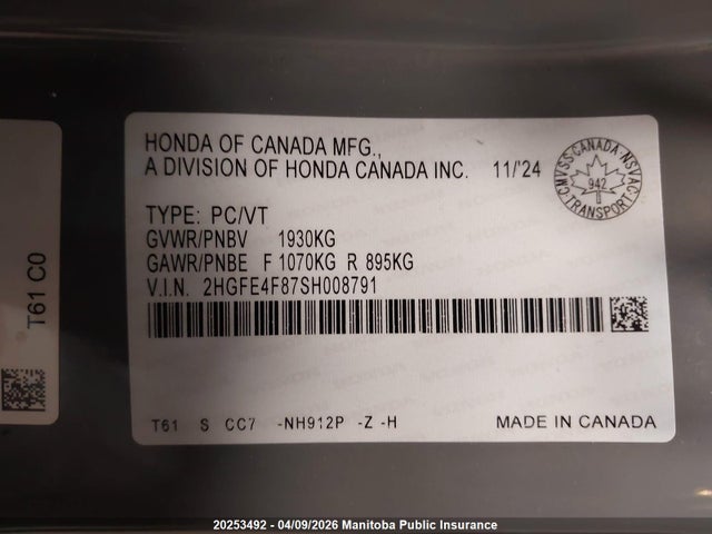 20253492 :رقم المزاد ، 2HGFE4F87SH008791 vin ، 2025 Honda Civic Sport Touring Hev مزاد بيع