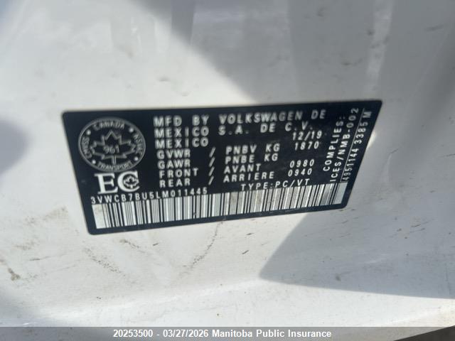 20253500 :رقم المزاد ، 3VWCB7BU5LM011445 vin ، 2020 Volkswagen Jetta Comfortline 1.4 Tsi مزاد بيع