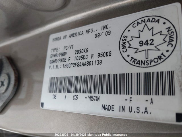 Aukcja sprzedaży 2010 Honda Accord Ex, vin: 1HGCP2F84AA801139, numer aukcji: 20253505