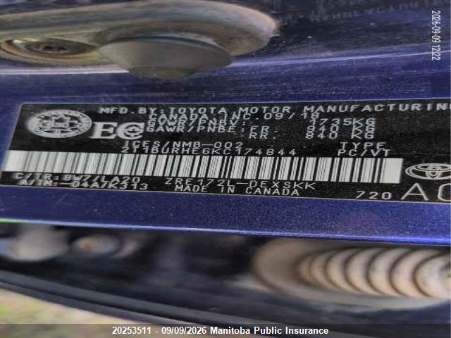 20253511 :رقم المزاد ، 2T1BURHE6KC174844 vin ، 2019 Toyota Corolla Se مزاد بيع
