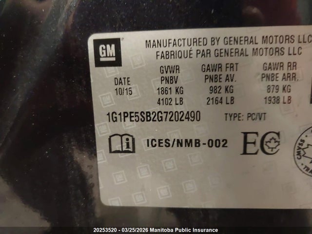 1G1PE5SB2G7202490 Chevrolet Cruze Lt Turbo