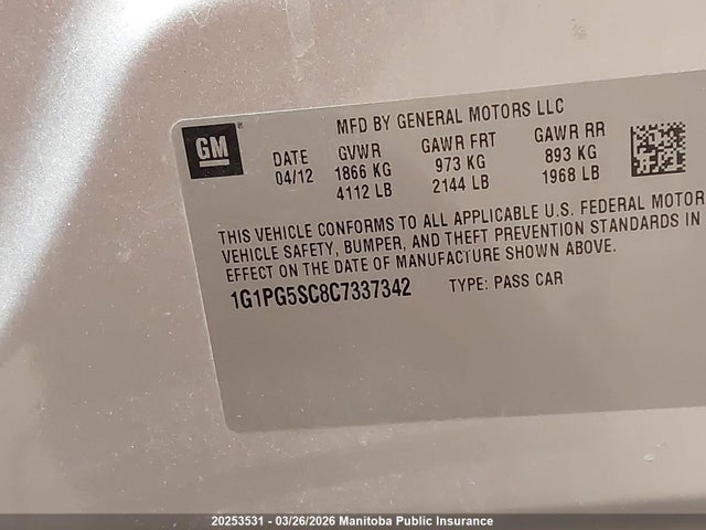 Продажа на аукционе авто 2012 Chevrolet Cruze Lt Turbo, vin: 1G1PG5SC8C7337342, номер лота: 20253531