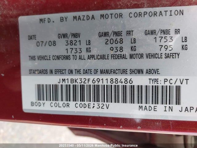 20253540 :رقم المزاد ، JM1BK32F691188486 vin ، 2009 Mazda Mazda3 Gs مزاد بيع