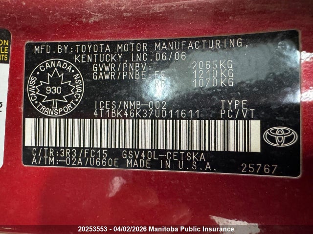 20253553 :رقم المزاد ، 4T1BK46K37U011611 vin ، 2007 Toyota Camry Se V6 مزاد بيع