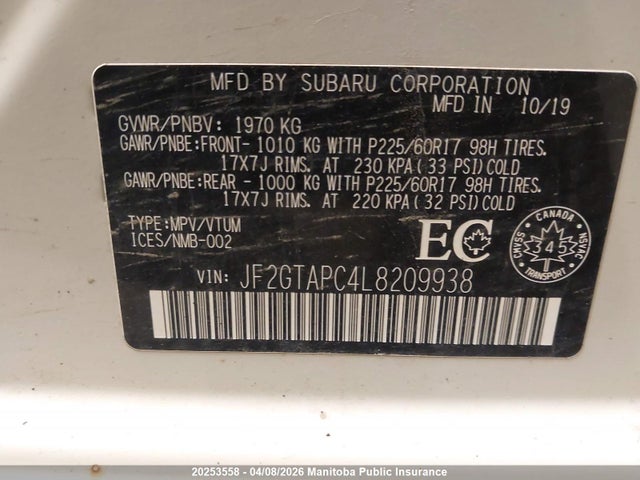 Aukcja sprzedaży 2020 Subaru Crosstrek Touring, vin: JF2GTAPC4L8209938, numer aukcji: 20253558