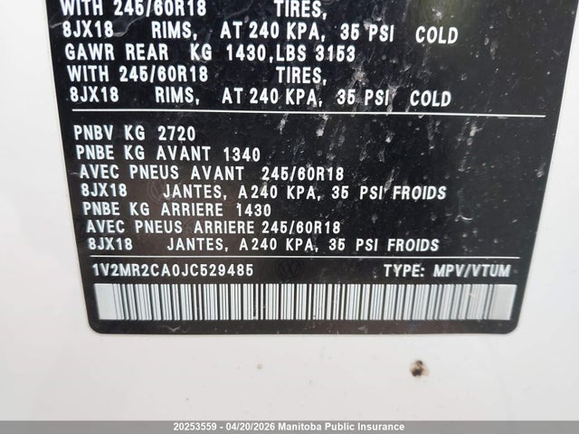 20253559 :رقم المزاد ، 1V2MR2CA0JC529485 vin ، 2018 Volkswagen Atlas مزاد بيع