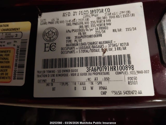2017 Ford Fusion Se მანქანა იყიდება აუქციონზე, vin: 3FA6P0T91HR100898, აუქციონის ნომერი: 20253560
