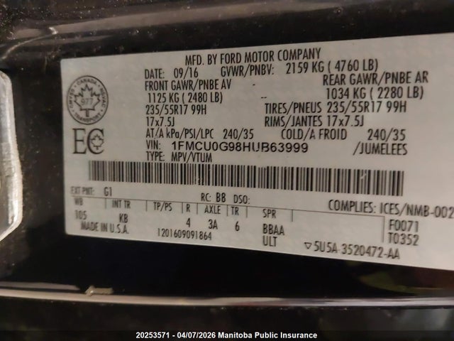 1FMCU0G98HUB63999 Ford ESCAPE SE
