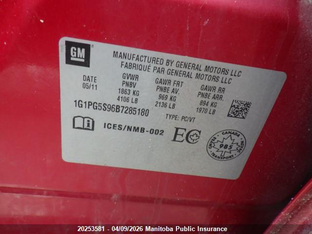 Aukcja sprzedaży 2011 Chevrolet Cruze Lt Turbo, vin: 1G1PG5S96B7285180, numer aukcji: 20253581