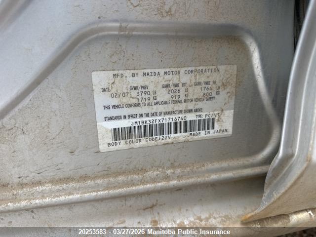Aukcja sprzedaży 2007 Mazda 3 Mazda Gx, vin: JM1BK32FX71716740, numer aukcji: 20253583