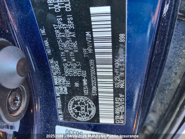 2007 Toyota Sienna Xle Limited V6 მანქანა იყიდება აუქციონზე, vin: 5TDBK22C27S004399, აუქციონის ნომერი: 20253589