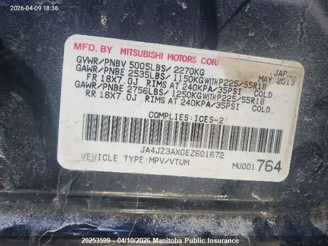 JA4JZ3AX0EZ601672 Mitsubishi Outlander Se