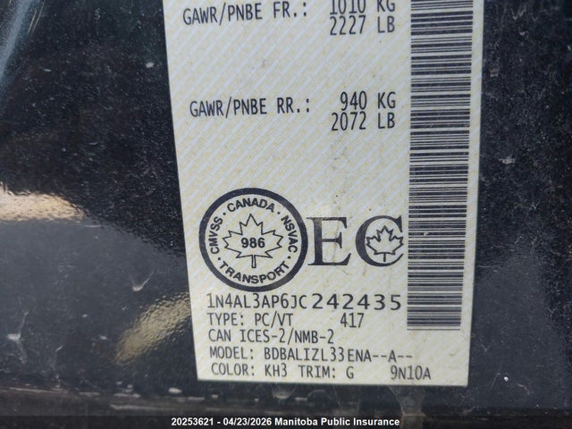 1N4AL3AP6JC242435 Nissan Altima 2.5 Sl