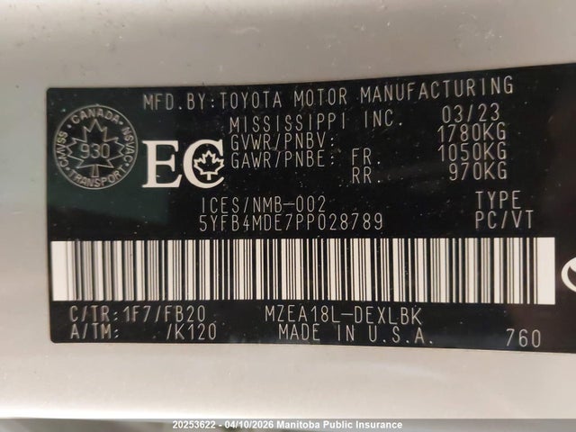 20253622 :رقم المزاد ، 5YFB4MDE7PP028789 vin ، 2023 Toyota Corolla Le مزاد بيع