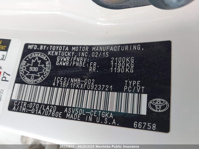 20253631 :رقم المزاد ، 4T1BF1FKXFU923721 vin ، 2015 Toyota Camry Xle مزاد بيع