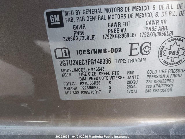 20253636 :رقم المزاد ، 3GTU2VEC7FG148386 vin ، 2015 Gmc Sierra 1500 Slt Crew Cab مزاد بيع
