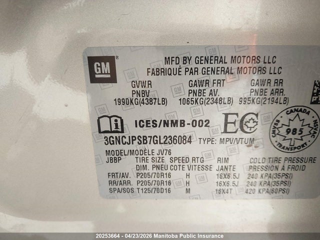 3GNCJPSB7GL236084 Chevrolet Trax Lt