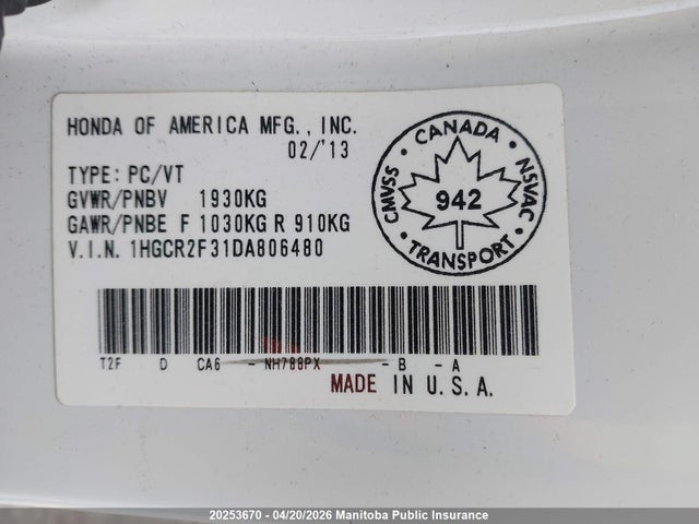 Aukcja sprzedaży 2013 Honda Accord Lx, vin: 1HGCR2F31DA806480, numer aukcji: 20253670