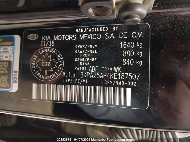20253673 :رقم المزاد ، 3KPA25AB4KE187507 vin ، 2019 Kia Rio 5 Lx مزاد بيع