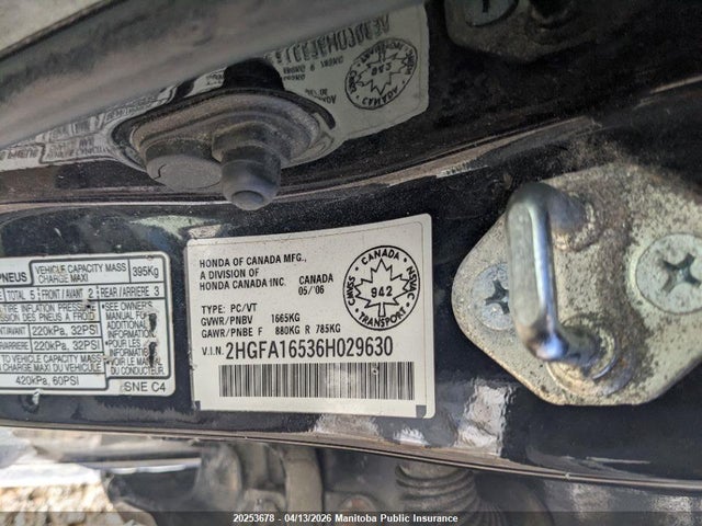 Aukcja sprzedaży 2006 Honda Civic Lx-g, vin: 2HGFA16536H029630, numer aukcji: 20253678