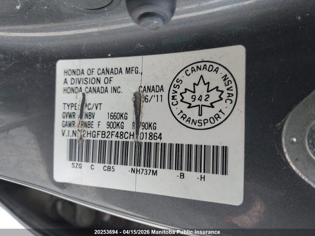 2012 Honda Civic Lx მანქანა იყიდება აუქციონზე, vin: 2HGFB2F48CH101864, აუქციონის ნომერი: 20253694