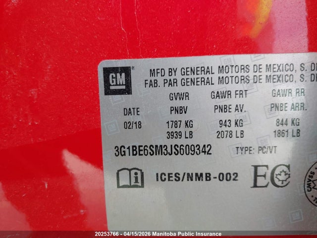 20253766 :رقم المزاد ، 3G1BE6SM3JS609342 vin ، 2018 Chevrolet Cruze Lt مزاد بيع