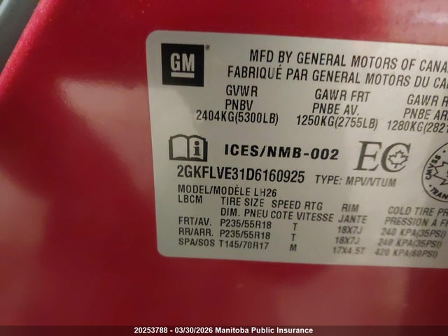 Aukcja sprzedaży 2013 Gmc Terrain Slt V6, vin: 2GKFLVE31D6160925, numer aukcji: 20253788