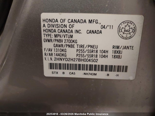Aukcja sprzedaży 2011 Acura Mdx, vin: 2HNYD2H27BH004502, numer aukcji: 20253818