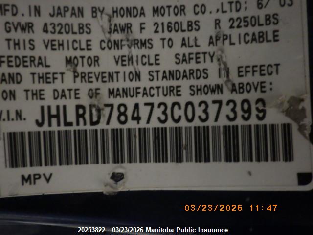 Продаж на аукціоні авто 2003 Honda Cr-v Lx, vin: JHLRD78473C037399, номер лоту: 20253822