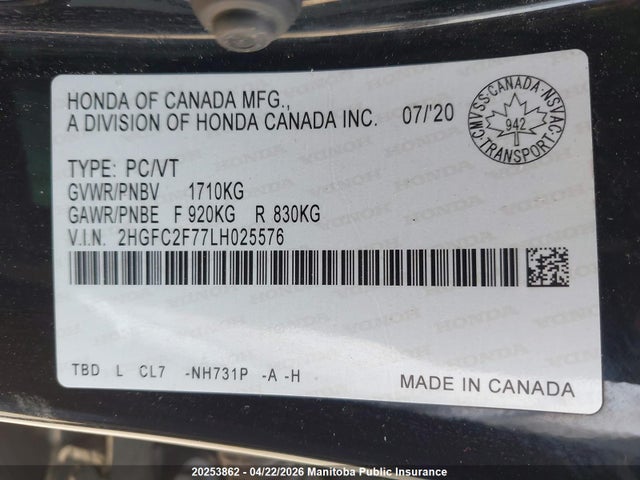 Продаж на аукціоні авто 2020 Honda Civic Ex, vin: 2HGFC2F77LH025576, номер лоту: 20253862