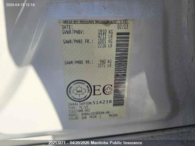 Продаж на аукціоні авто 2013 Nissan Altima 2.5 Sl, vin: 1N4AL3AP5DN514238, номер лоту: 20253871