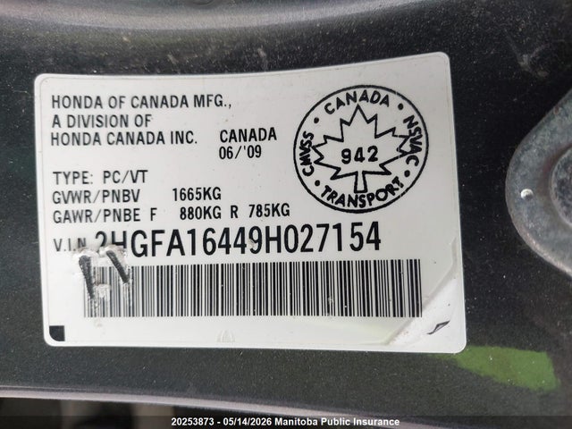 Продажа на аукционе авто 2009 Honda Civic Dx-g, vin: 2HGFA16449H027154, номер лота: 20253873