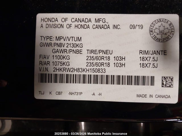 2HKRW2H83KH150833 Honda Cr-v Ex-l