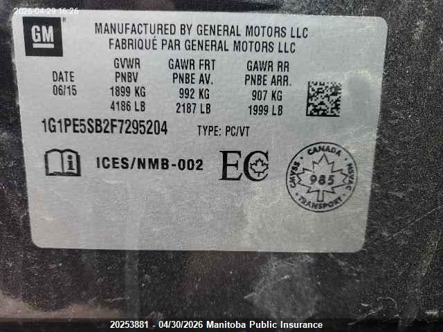 1G1PE5SB2F7295204 Chevrolet Cruze Ltz Turbo